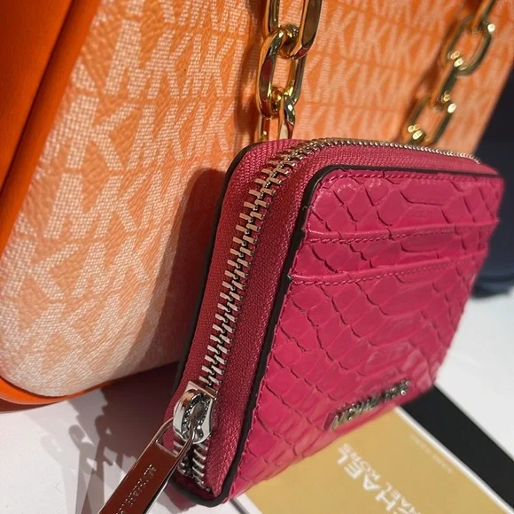 Michael Kors Women Medium Zip Around Card Case Coin Pouch Wallet Electric Pink - Picture 3 of 16